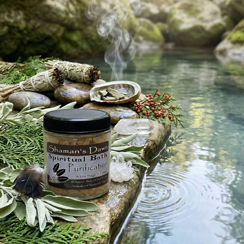 Spiritual bath with Dead Sea salts for purification, featuring natural elements and calming atmosphere by Shamans Dawn.