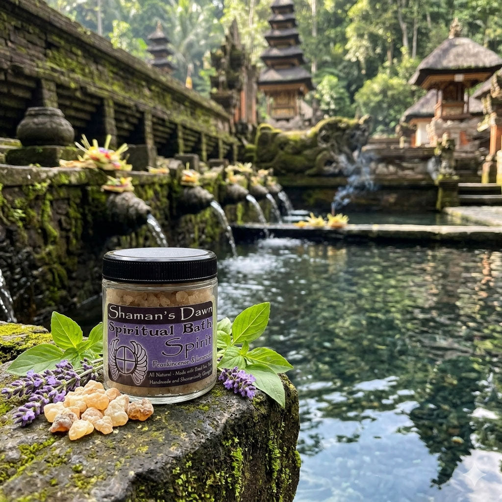 Shamans Dawn Spirit Spiritual Bath with Dead Sea Salt in a clear glass bowl, surrounded by natural elements for relaxation.