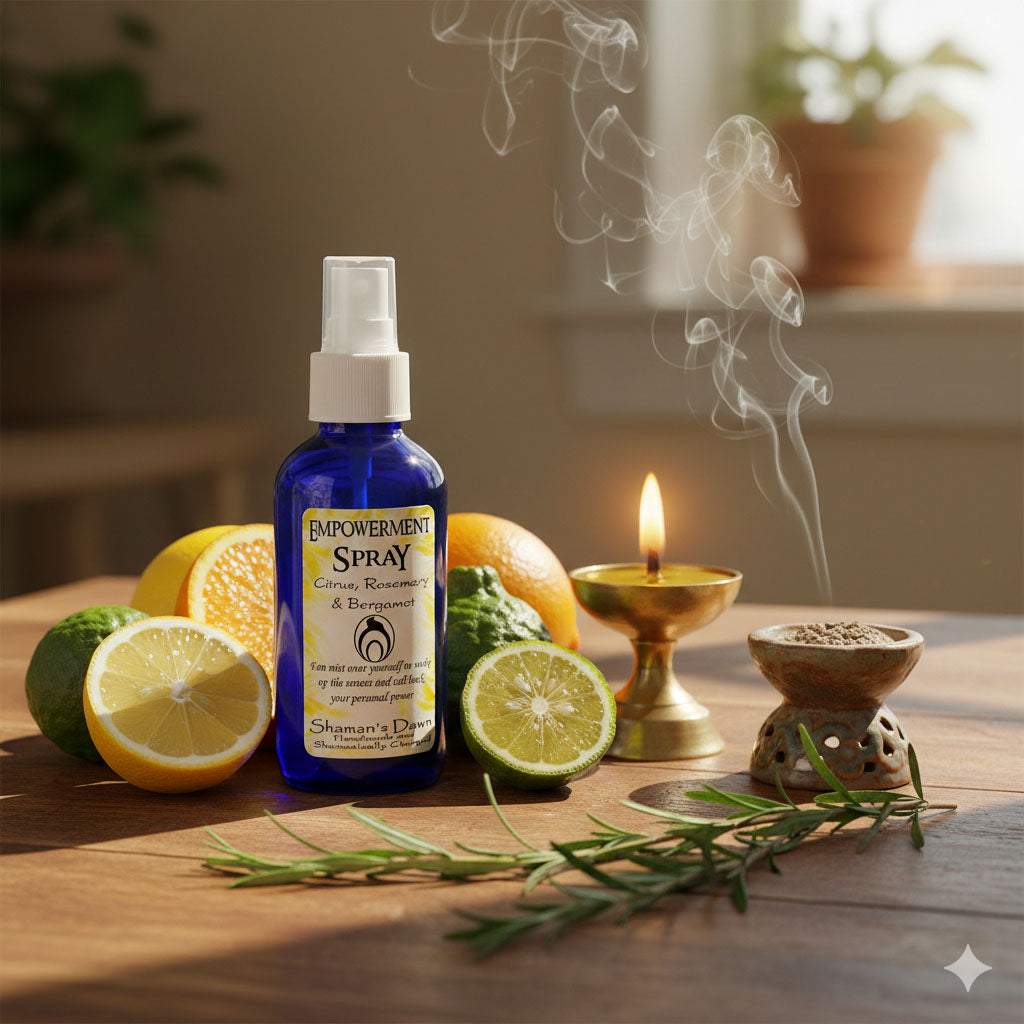 Shamans Dawn Empowerment Spray bottle held in hand, showcasing natural and uplifting spray for personal empowerment.