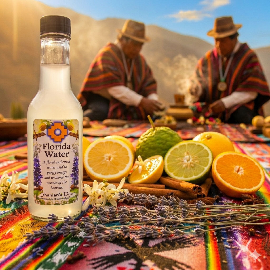 Shamans Dawn Florida Water spray bottle with a clear container, featuring a white spray nozzle and tropical-themed label design.
