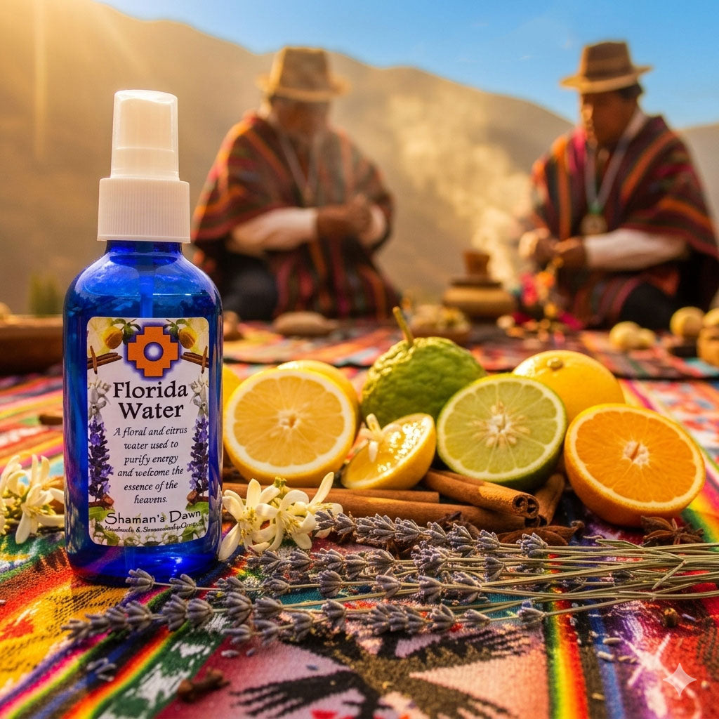 Shamans Dawn Florida Water spray bottle with a clear liquid, held in hand against a blurred outdoor background for spiritual cleansing.