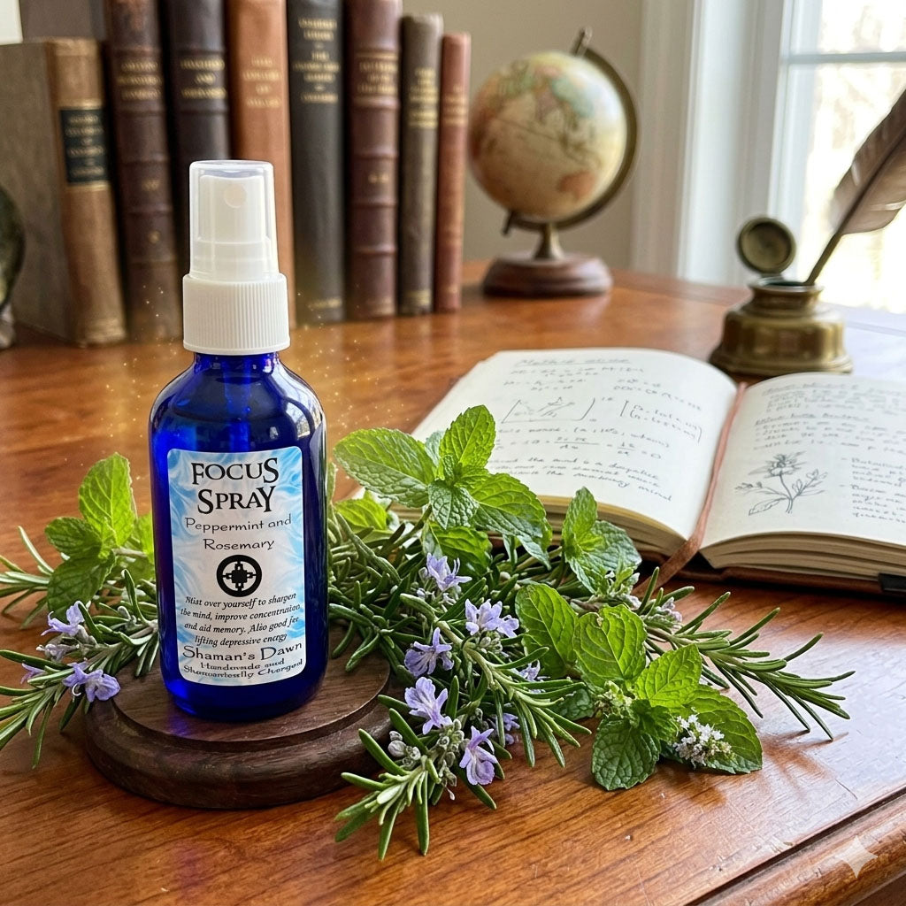 Shamans Dawn Focus Spray bottle with spray nozzle, designed for mental clarity and concentration.