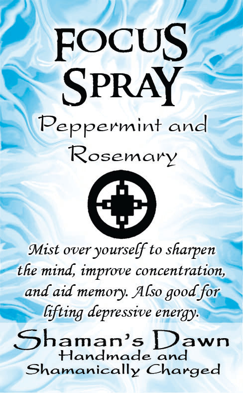 Shamans Dawn Focus Spray bottle with a sleek design, ready for use to enhance concentration and mental clarity.
