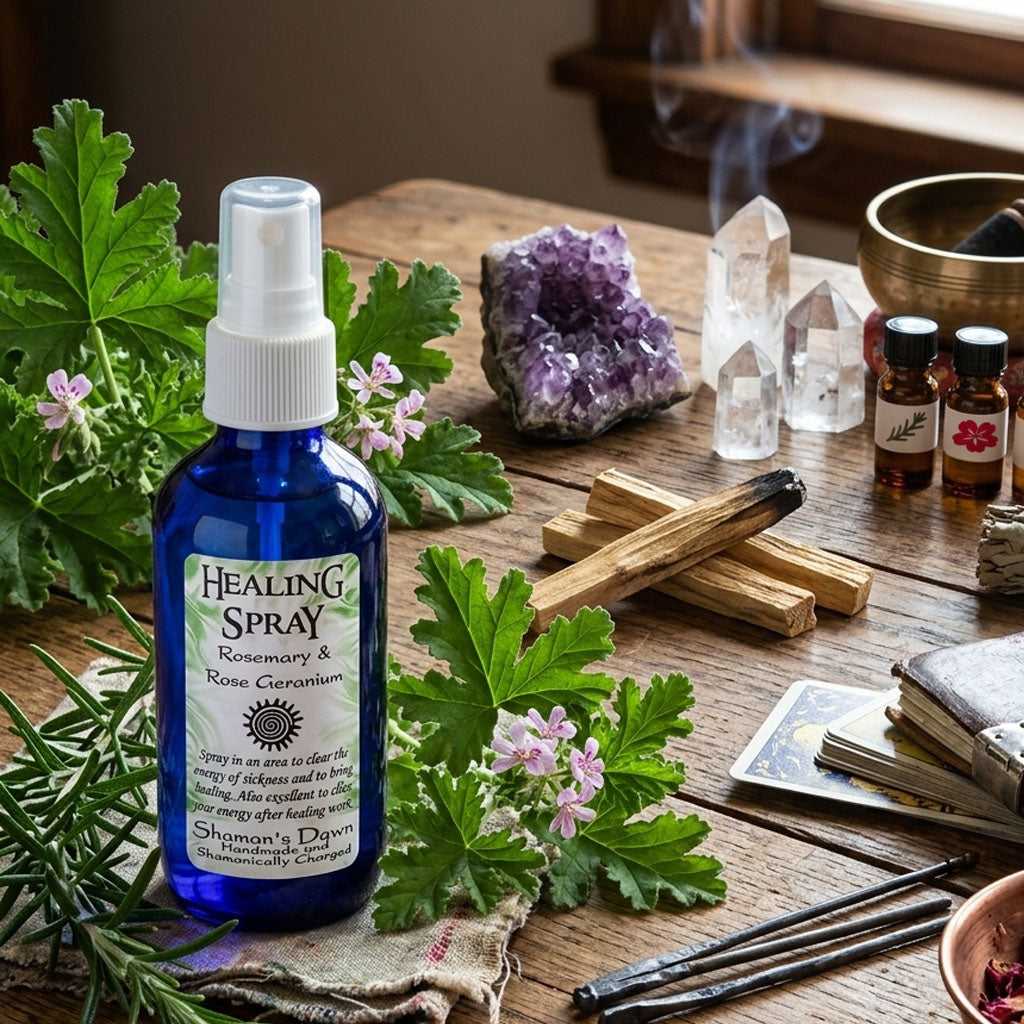 Shamans Dawn Healing Spray bottle with a spray nozzle, featuring a natural herbal label on a wooden surface.