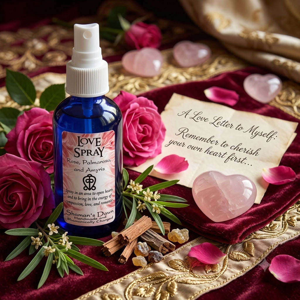 Shamans Dawn Love Spray in a spray bottle, designed for lifestyle and personal use, with a sleek, minimalist packaging.