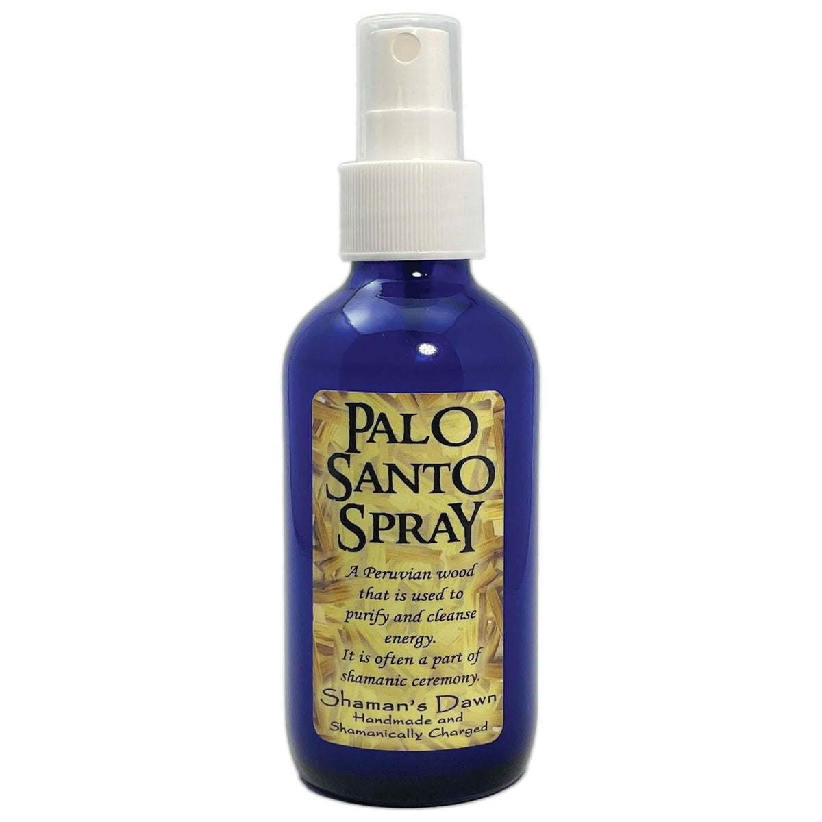 Shamans Dawn Palo Santo Spray in a dark silhouette bottle, eco-friendly spray for aromatic cleansing and spiritual rituals.