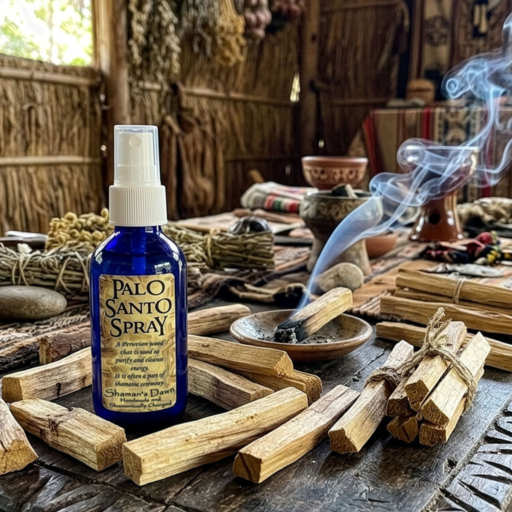 Shamans Dawn Palo Santo Spray bottle held in hand, with a blurred background of a peaceful, natural setting.