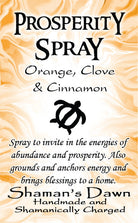 Shamans Dawn Prosperity Spray bottle with a clear spray nozzle, featuring a decorative label and natural design elements.