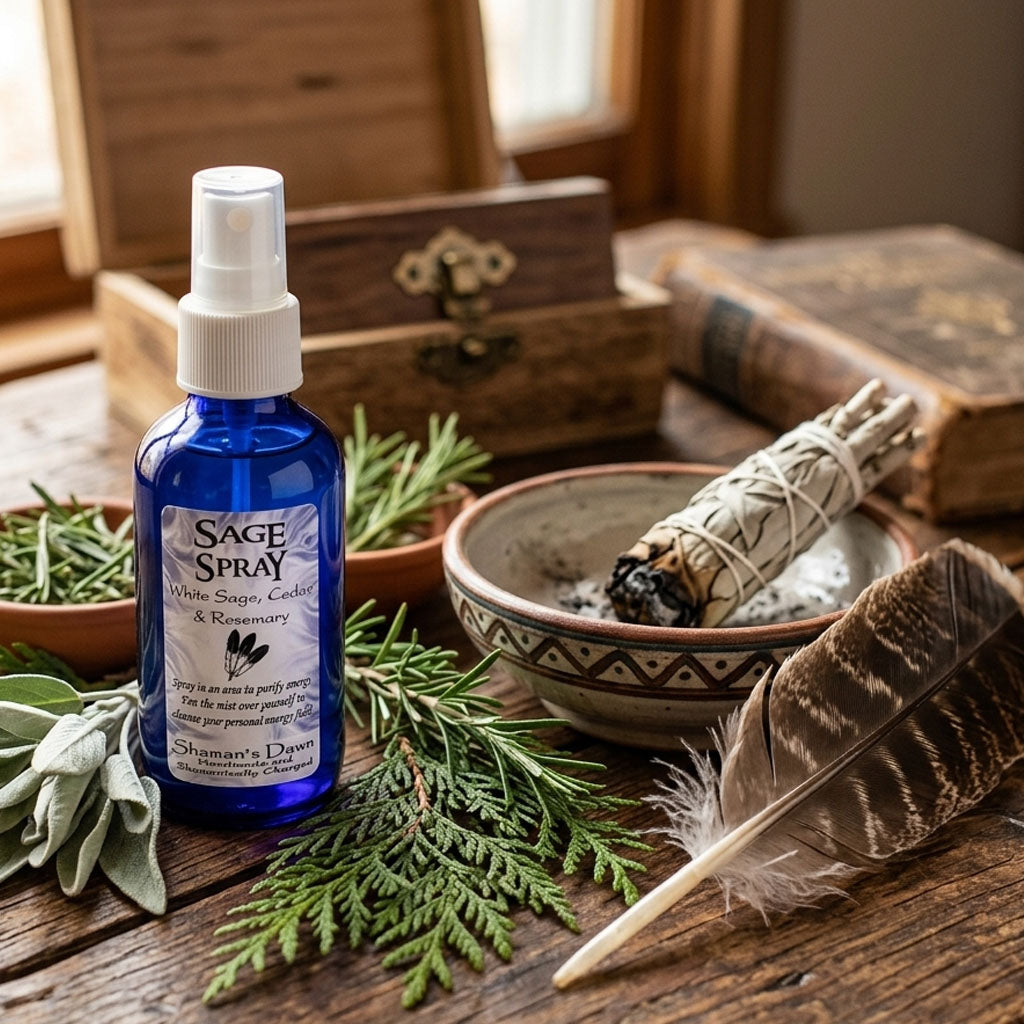 Shamans Dawn sage smudging spray bottle held in hand, ready for cleansing and spiritual purification.