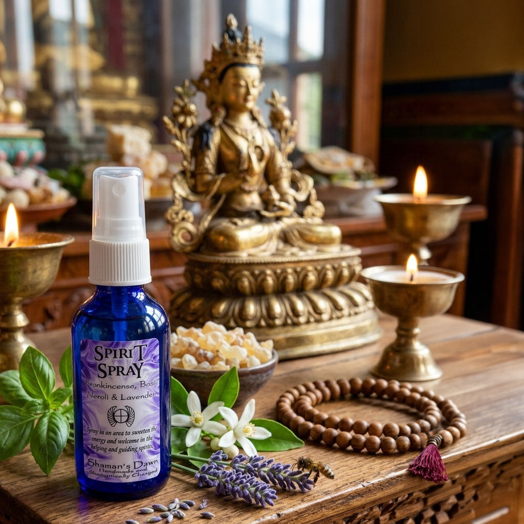 Shamans Dawn Spirit Spray in a spray bottle, designed for lifestyle use, with a sleek label and transparent cap.