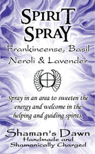 Shamans Dawn Spirit Spray bottle with a sleek design, labeled as a natural aromatic spray for spiritual purposes.