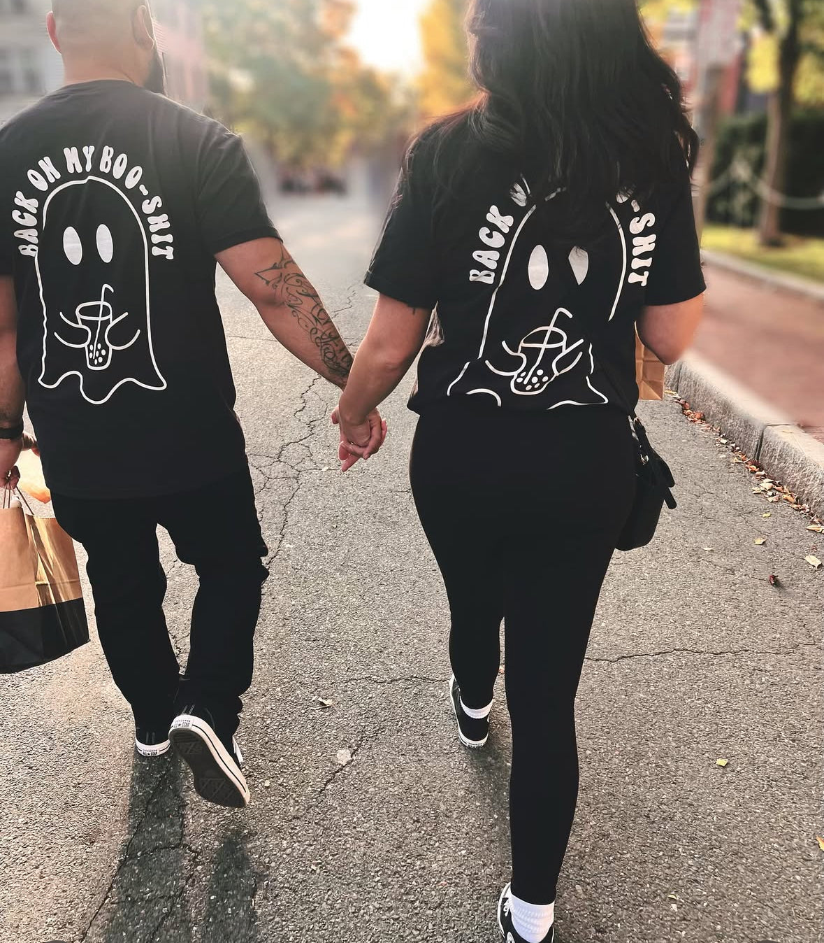 Black graphic t-shirt from Shop Karma Tees with "Back on my Boo Shit" design, casual fit, and printed front view.