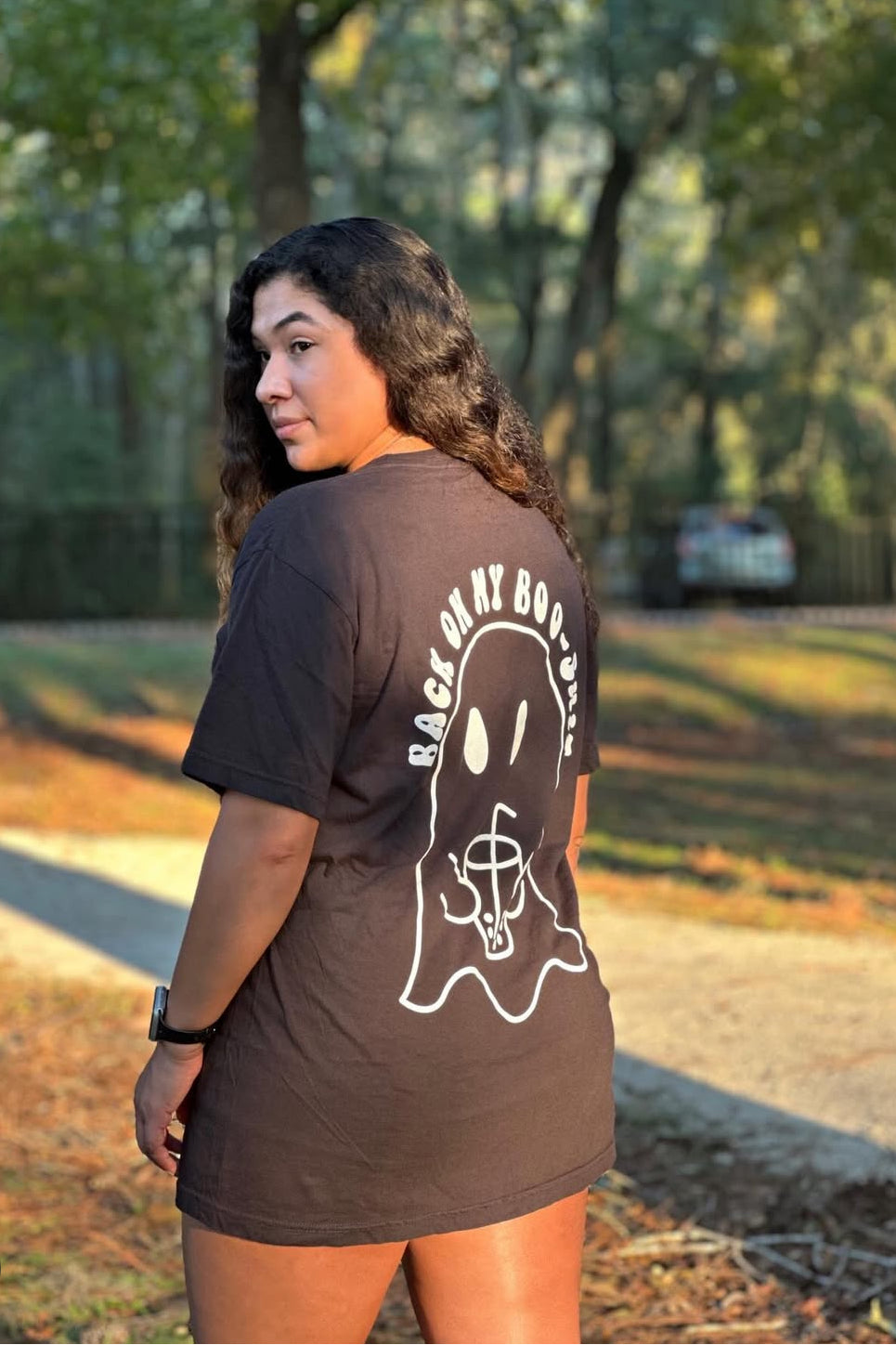 Back on my Boo Shit graphic T-shirt by Shop Karma Tees featuring bold text and casual fit, displayed on a white background.