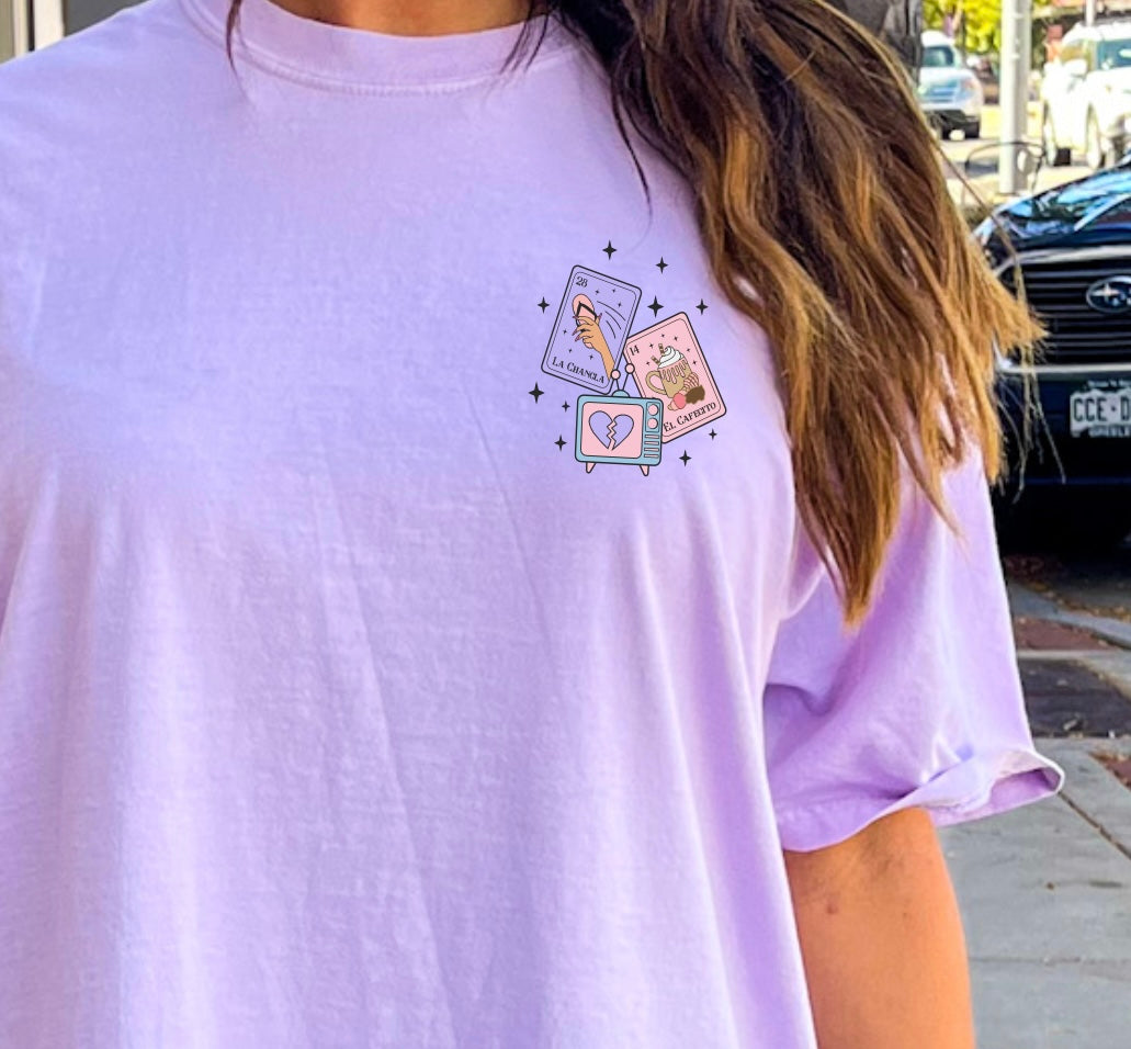 Loteria graphic tee by Shop Karma Tees featuring colorful traditional Mexican Loteria card design on front.
