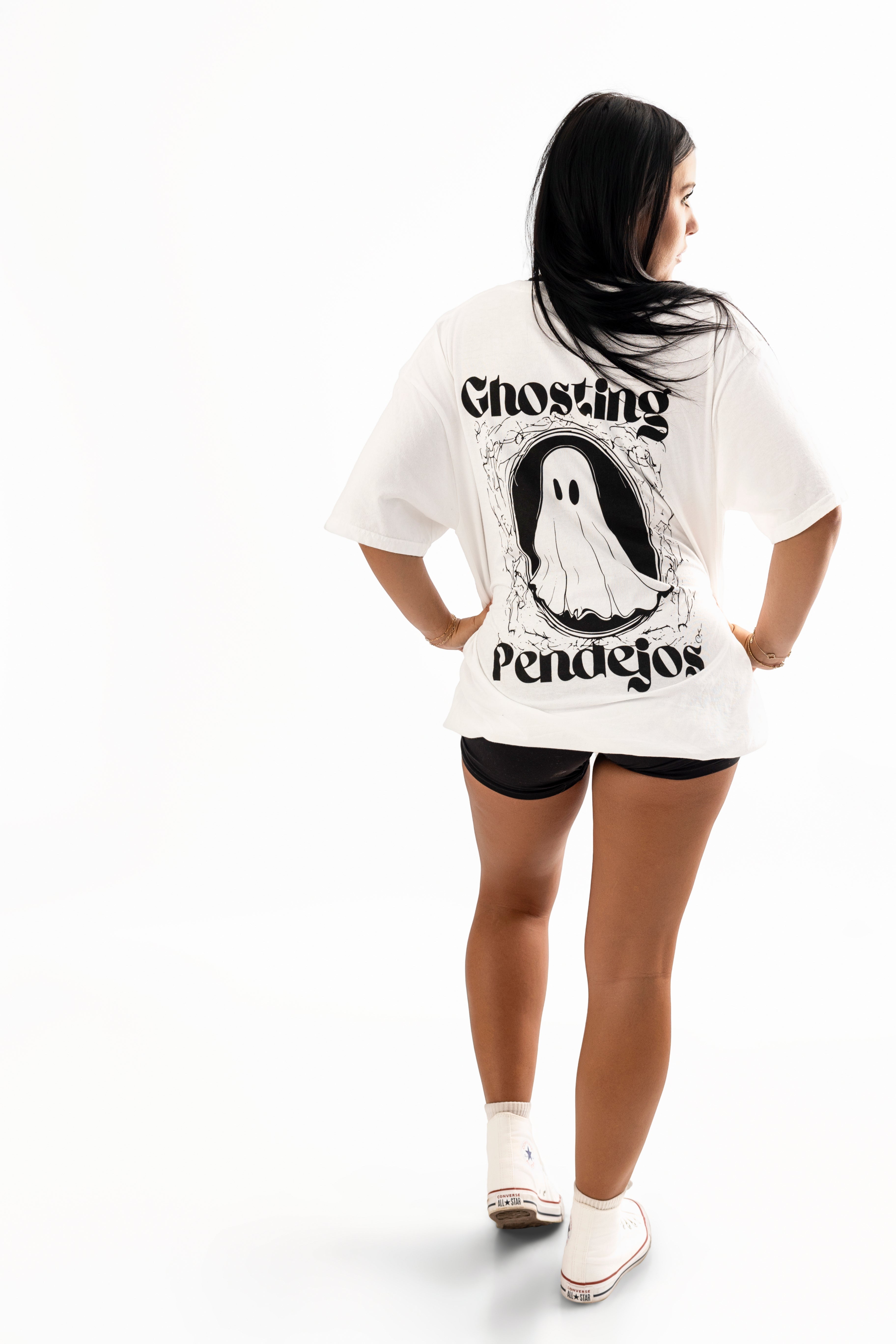 Men's Ghosting Pendejos graphic T-shirt by Shop Karma Tees featuring bold ghostly artwork on a casual tee.