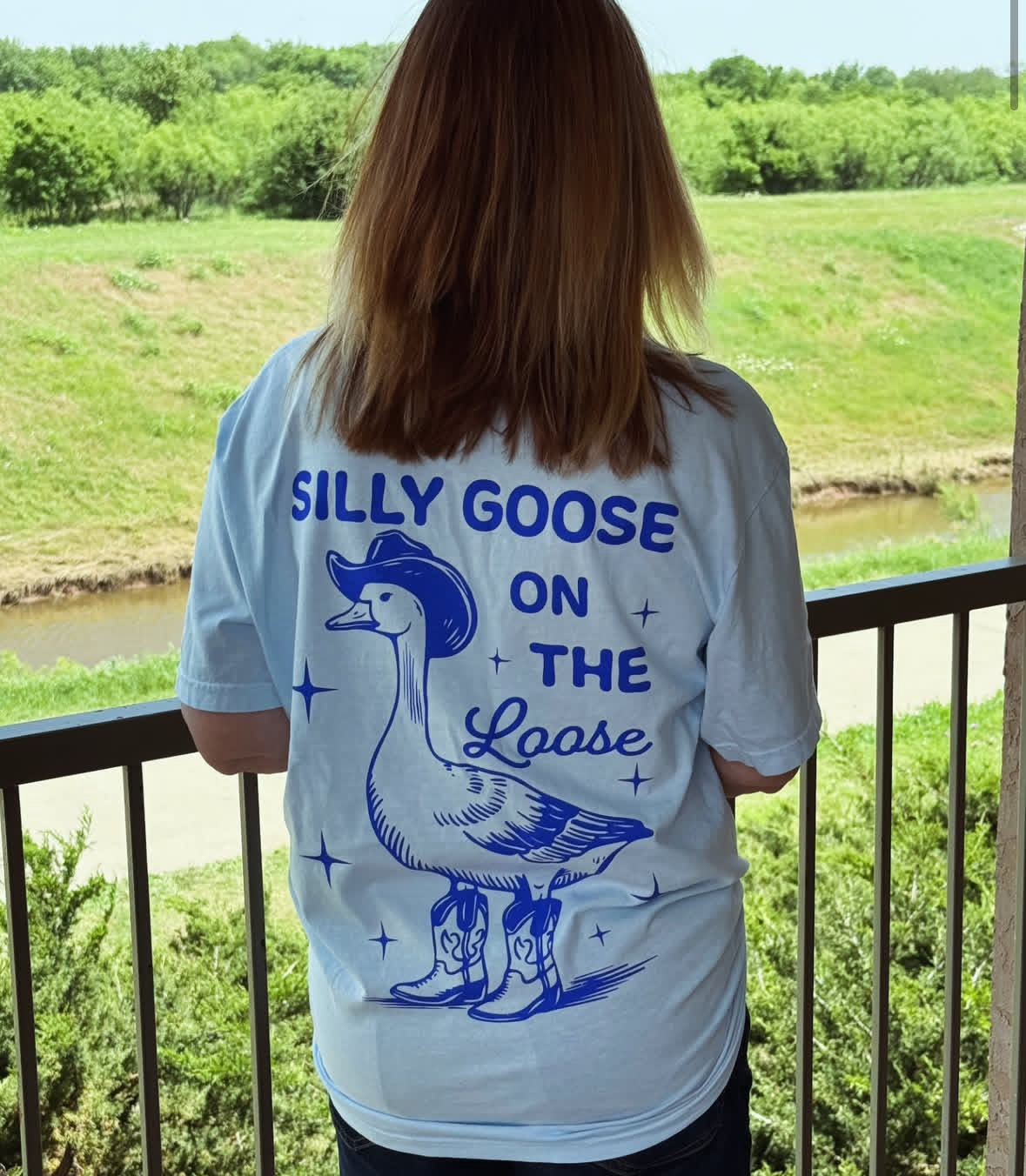 Silly Goose on the Loose graphic tee featuring a playful goose illustration, casual crewneck, and colorful design by Shop Karma Tees