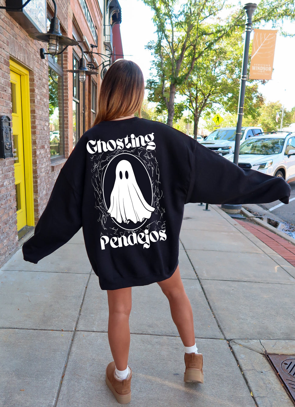 Ghosting Pendejos Pullover by Shop Karma Tees, navy blue hoodie with printed graphic design, front view showing the casual fit.