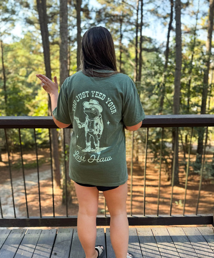 Yeed Your Last Haw graphic t-shirt by Shop Karma Tees featuring bold black and white print on a casual cotton tee.