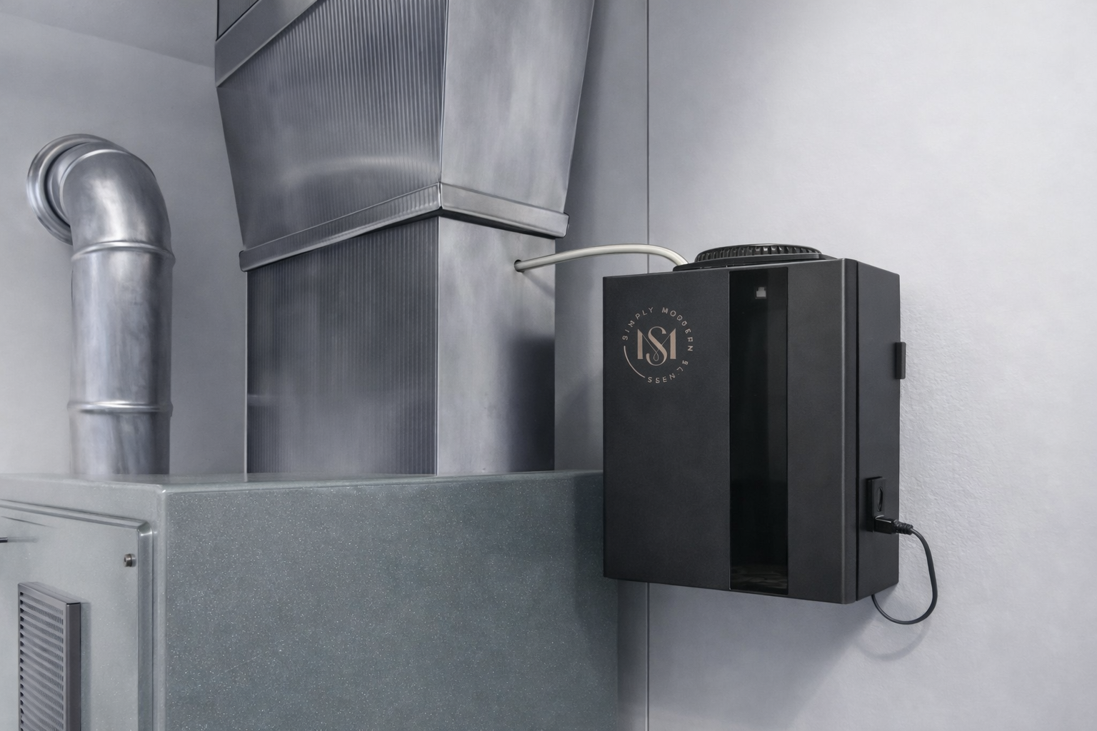 Simply Modern Scents electric home diffuser with 8 oz diffuser oil, standalone and HVAC integrated, in modern design.
