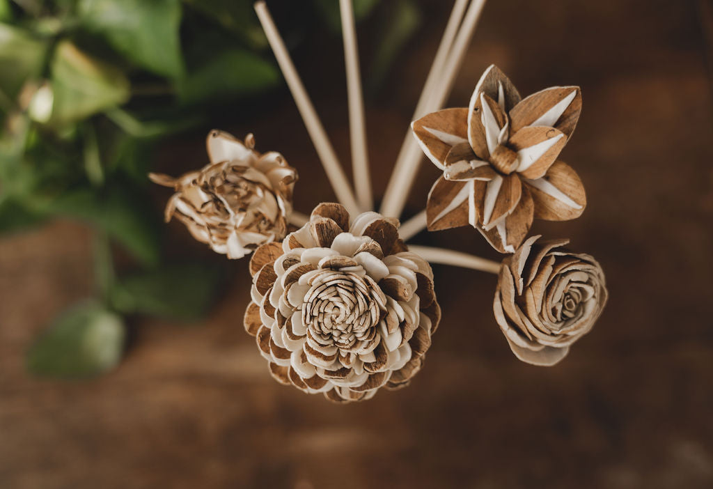 Handmade floral reeds for home diffuser by Simply Modern Scents, decorative reeds with floral design for aromatic home ambiance.