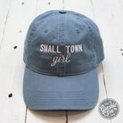 Lake blue relaxed twill dad hat with Small Town Girl graphic, stylish cap by The Graphic Tee featuring a casual, comfortable fit.