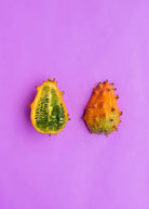 Orange Kiwano fruiting plant in a coconut coir pot, grown by Sow Exotic, showcasing the vibrant, spiky melon fruit.