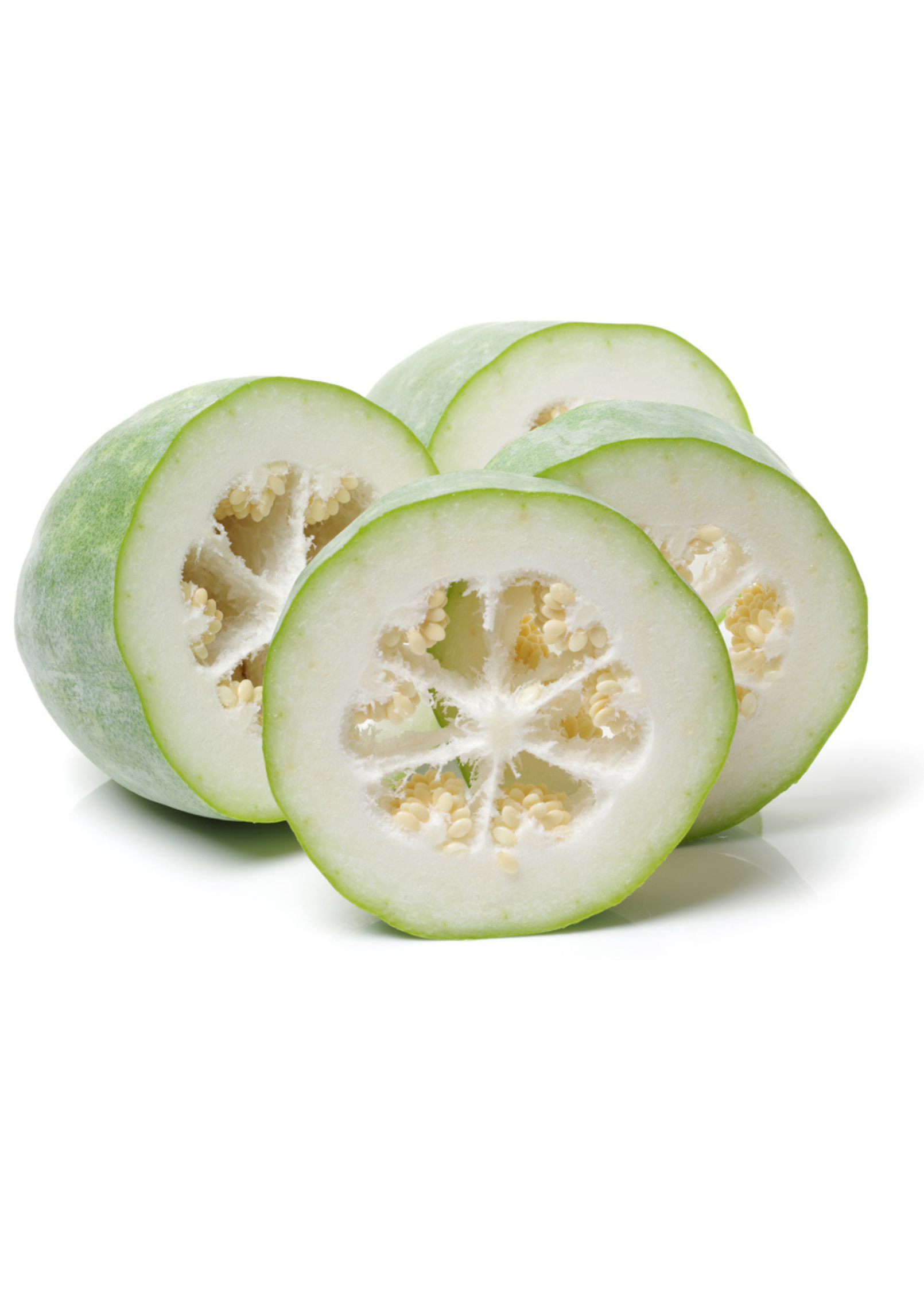Winter melon fruiting plant in a coconut coir pot by Sow Exotic, showcasing lush green foliage and developing winter melon fruit.