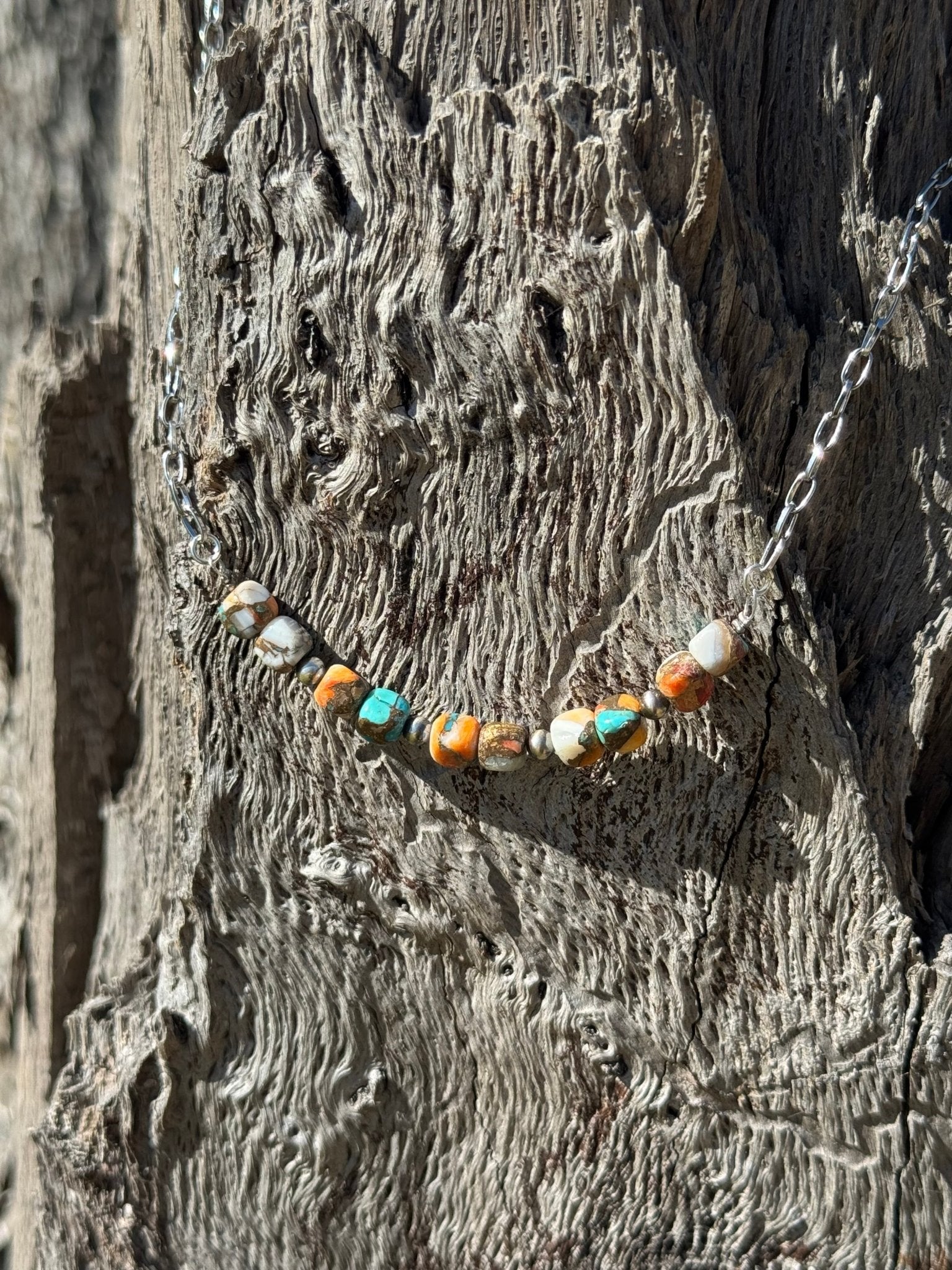 Wild Junkie Spiny Oyster Turquoise Beaded Chain Necklace with intricate beadwork and natural stone accents.