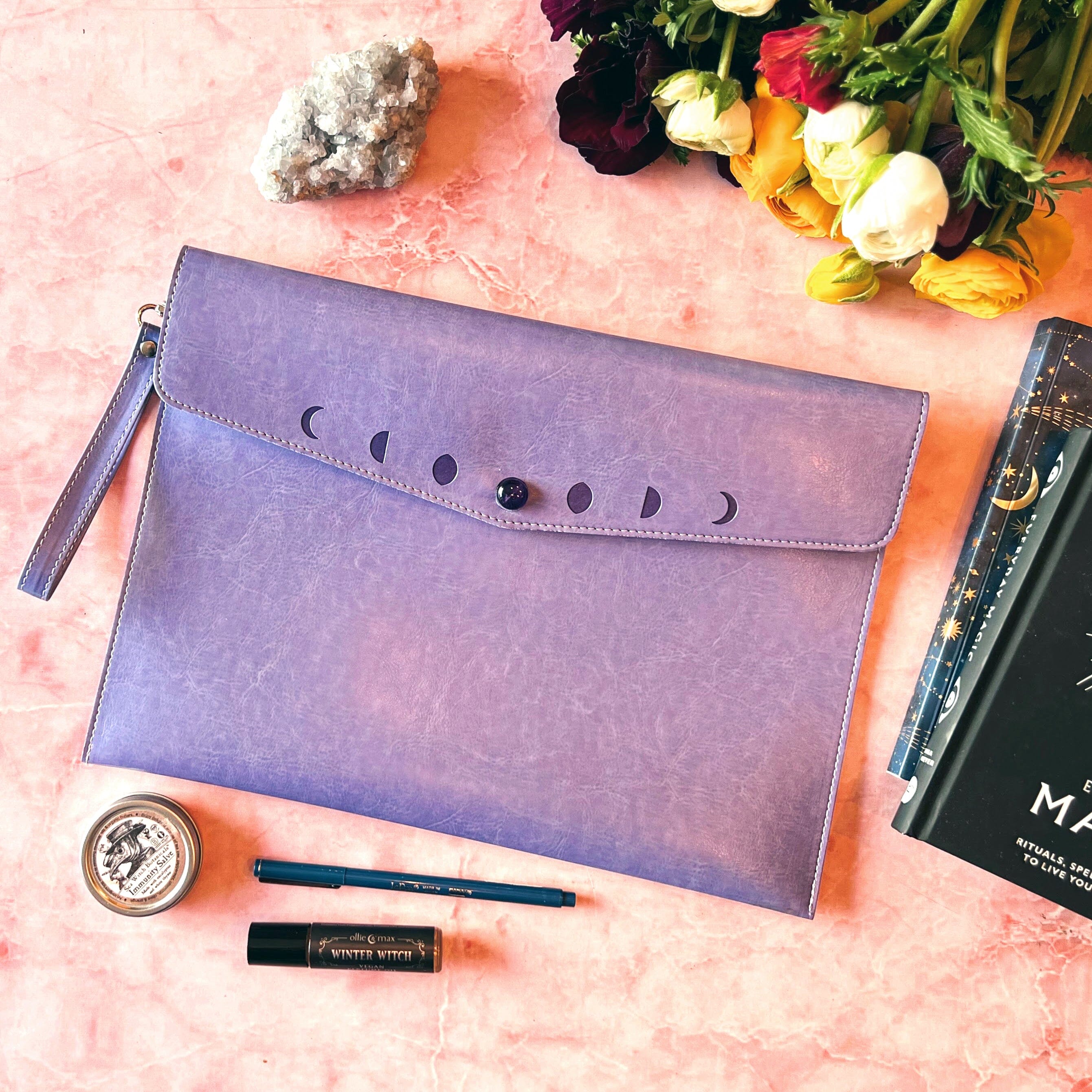 Navy Moon Phases clutch purse by Spirit Nest, stylish accessories with moon phase design, perfect for evening or casual wear.