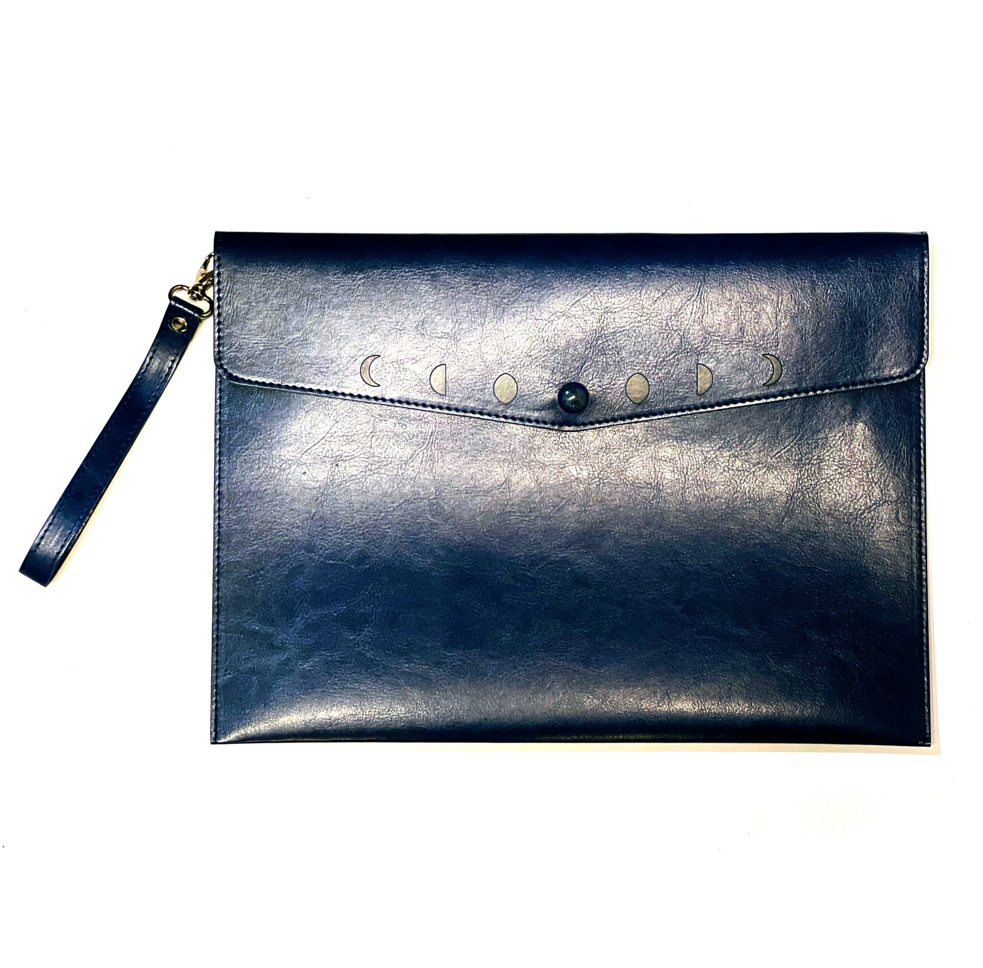 Navy Moon Phases Clutch Purse by Spirit Nest, stylish accessories with celestial moon phase design on fabric.