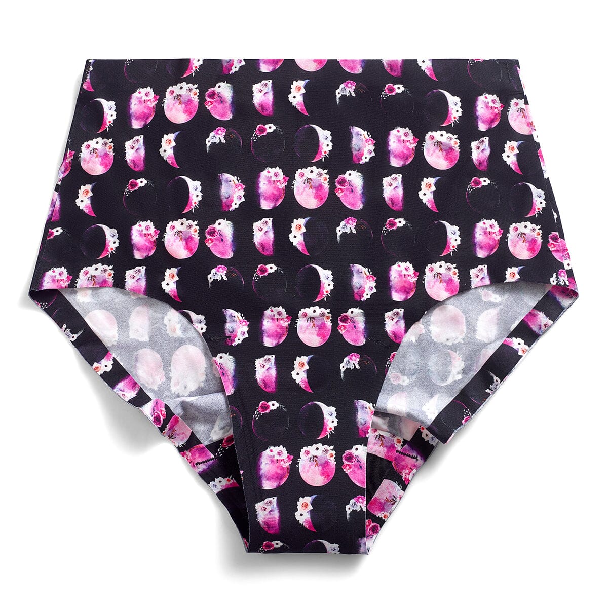 Spirit Nest moon phases period underwear for women, breathable apparel with moon phase designs on comfortable shorts.