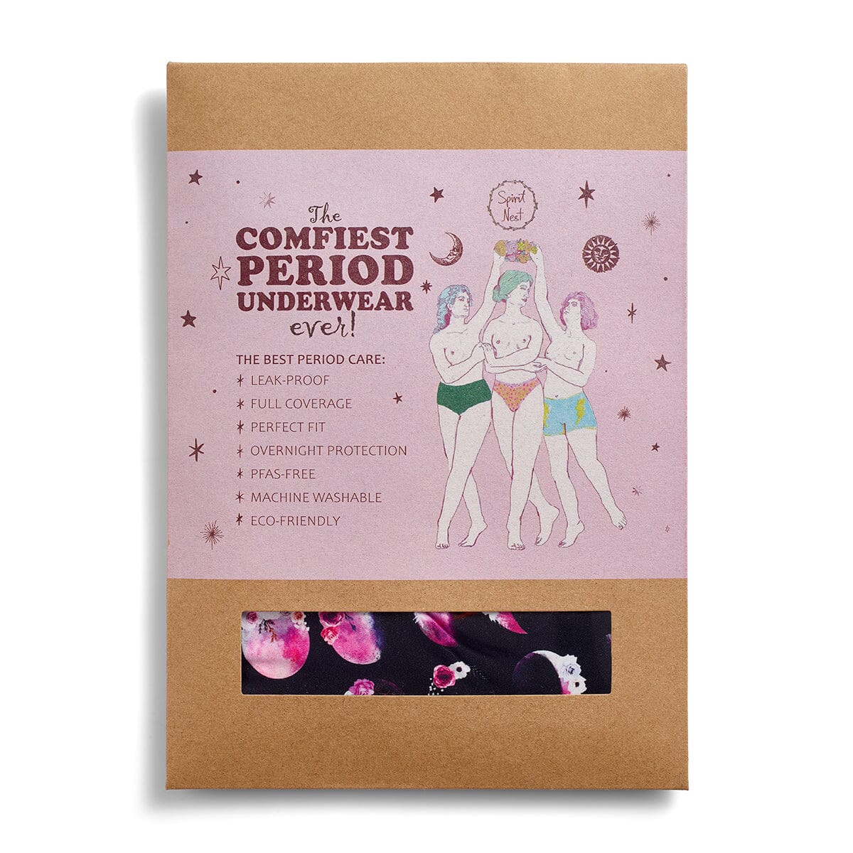 Spirit Nest moon phases period underwear for women, featuring a comfortable and stylish apparel design with moon phase patterns.