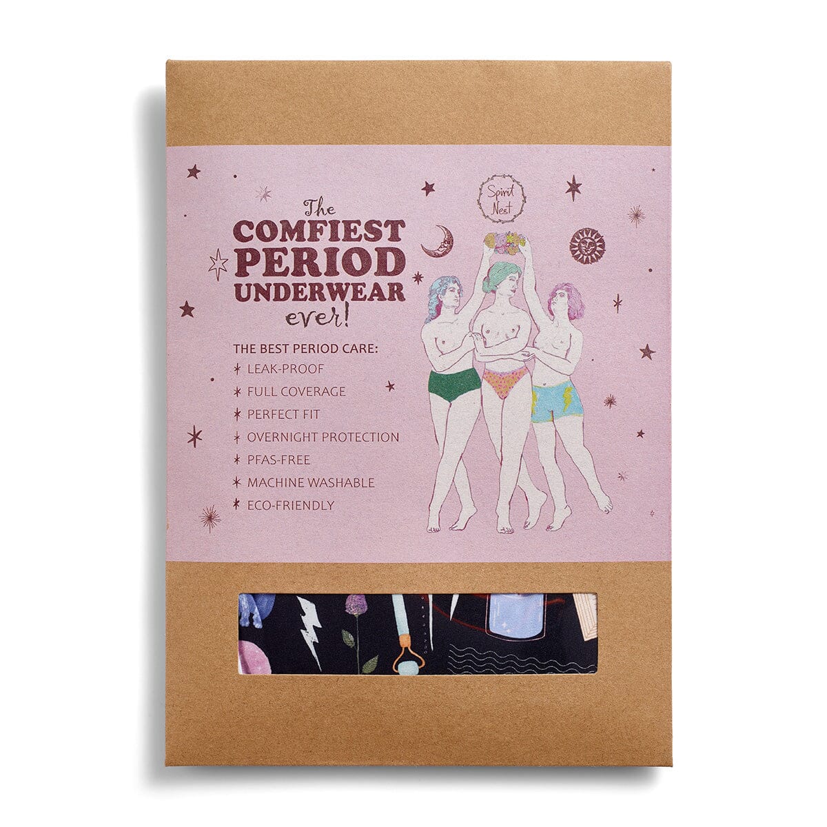 Spirit Nest moon phases period underwear for women, shown as comfortable, stylish apparel with moon phase design.