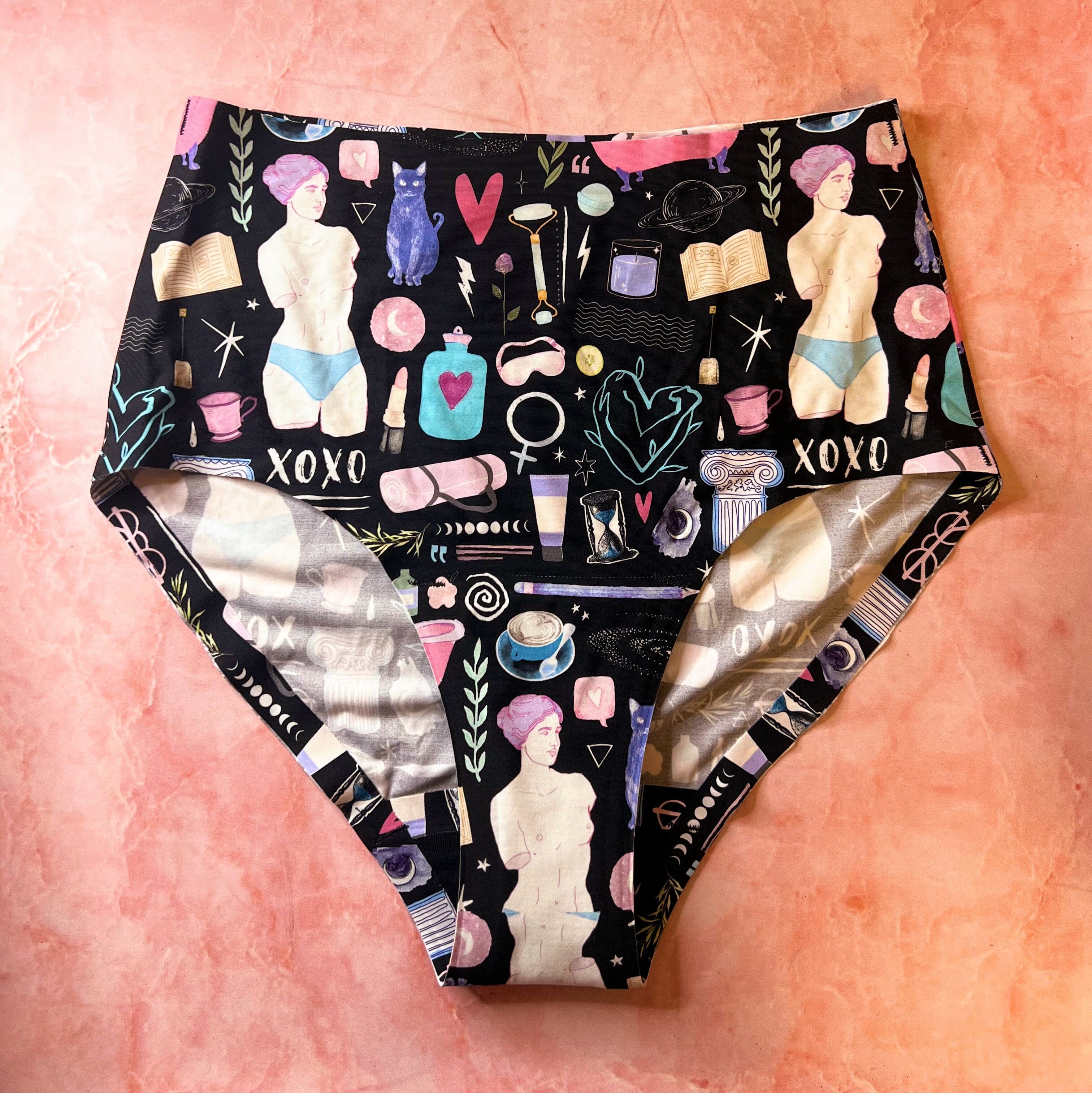 Spirit Nest moon phases print period underwear, women's apparel with comfortable, breathable fabric designed for menstrual wear.