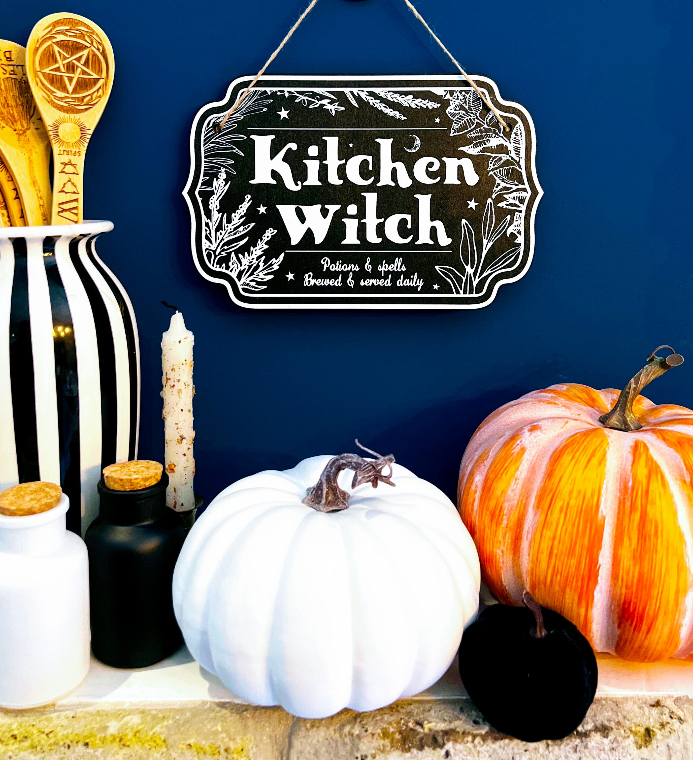 Wooden witchy décor sign for home, featuring a spooky design, from Spirit Nest, ideal for kitchen or witch-themed home décor.