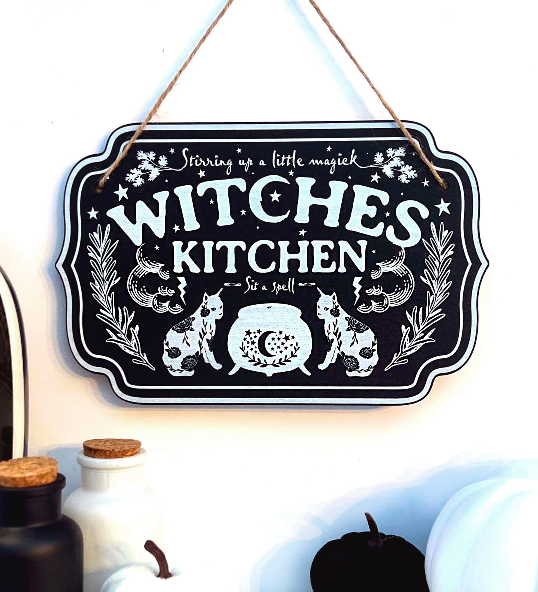 Wooden witchy décor sign for home from Spirit Nest, featuring mystical design and natural wood finish for a witchy kitchen or home.