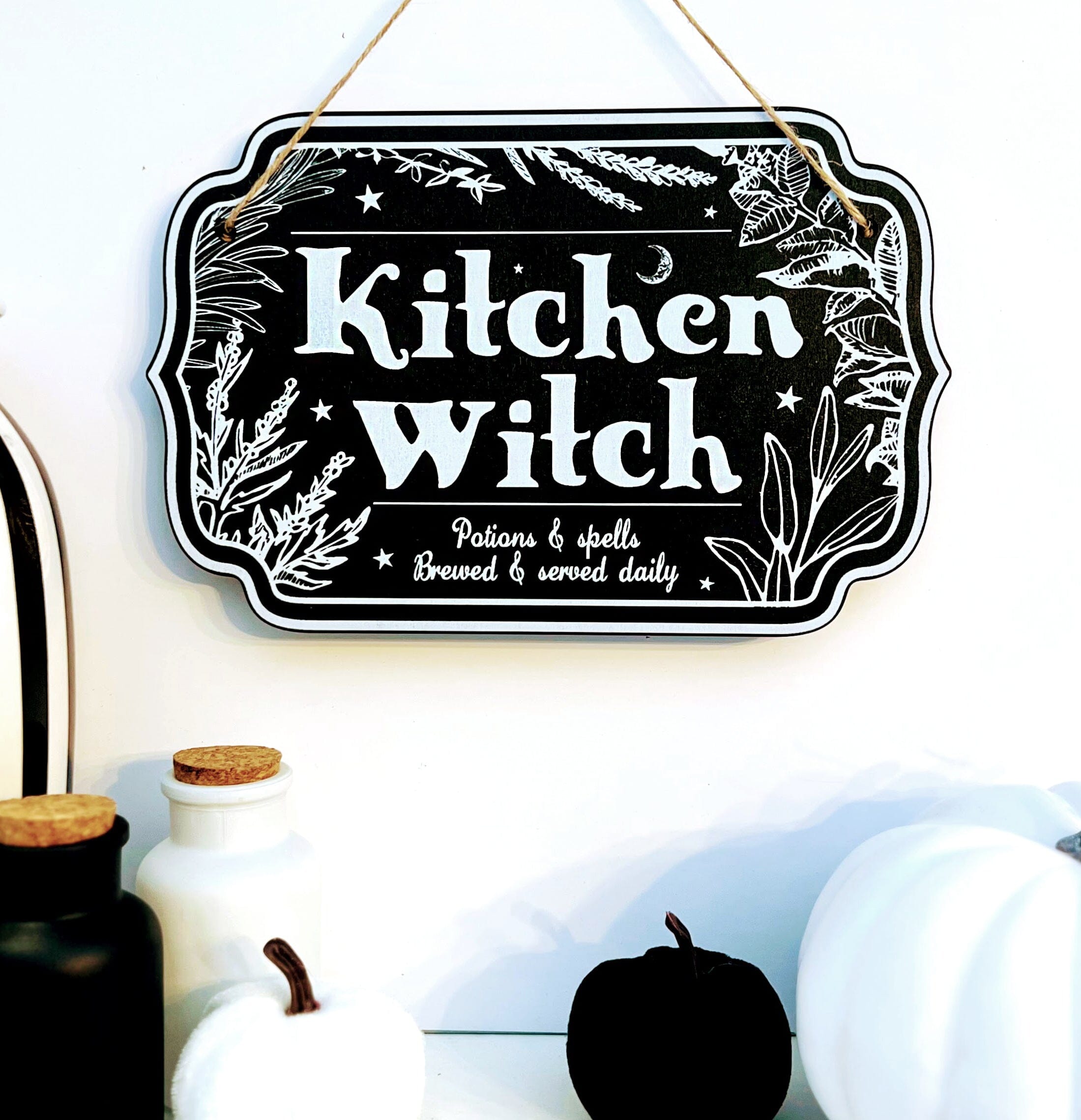 Wooden sign with witchy decor design from Spirit Nest, suitable for home or kitchen witch-themed decor.