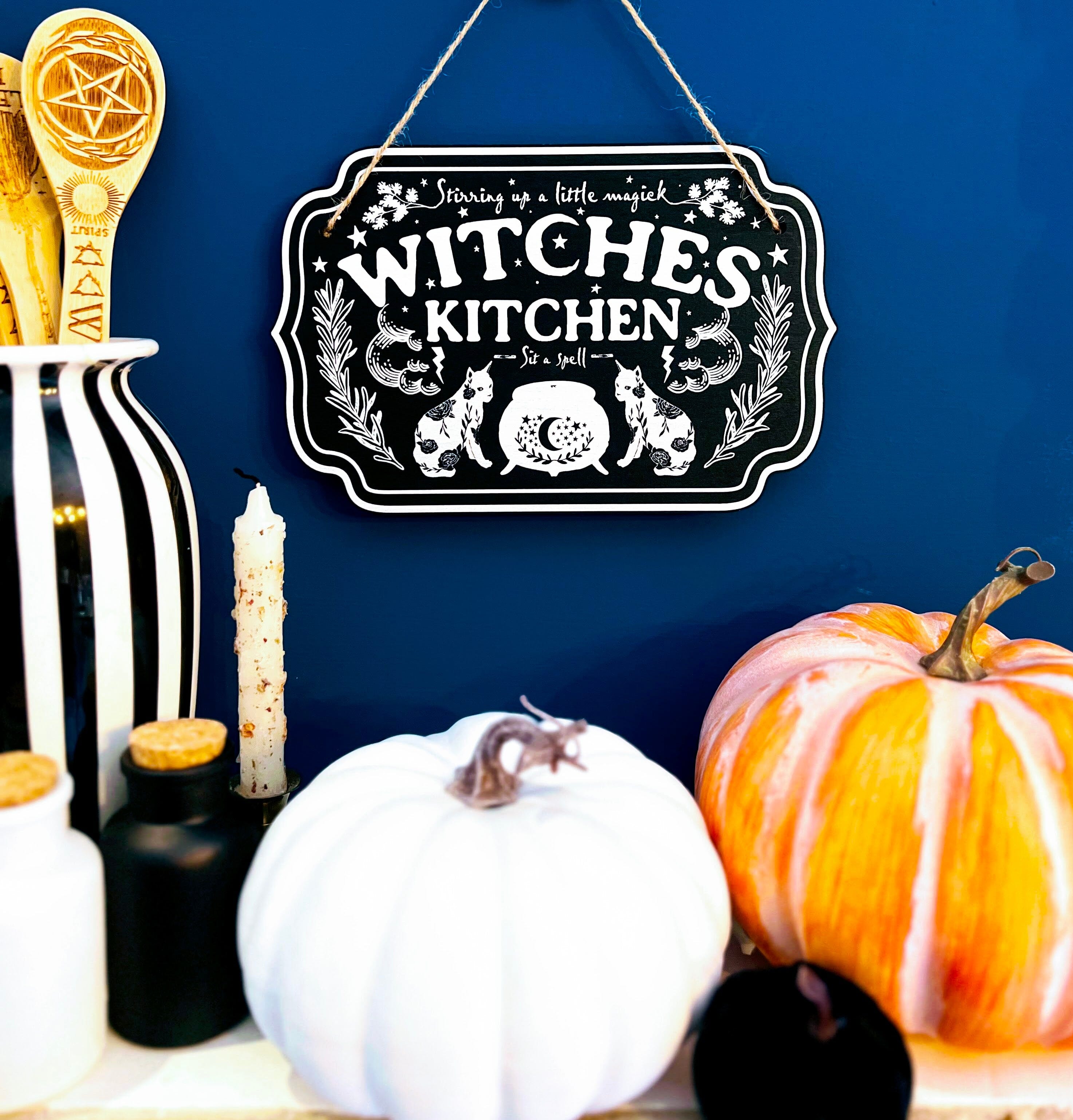 Wooden witchy decor sign for home from Spirit Nest with mystical design, perfect for a witch's kitchen or magical space.