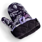 Purple and black Kitchen Witch oven mitt set with witch and herb design, crafted by Spirit Nest for kitchen protection.