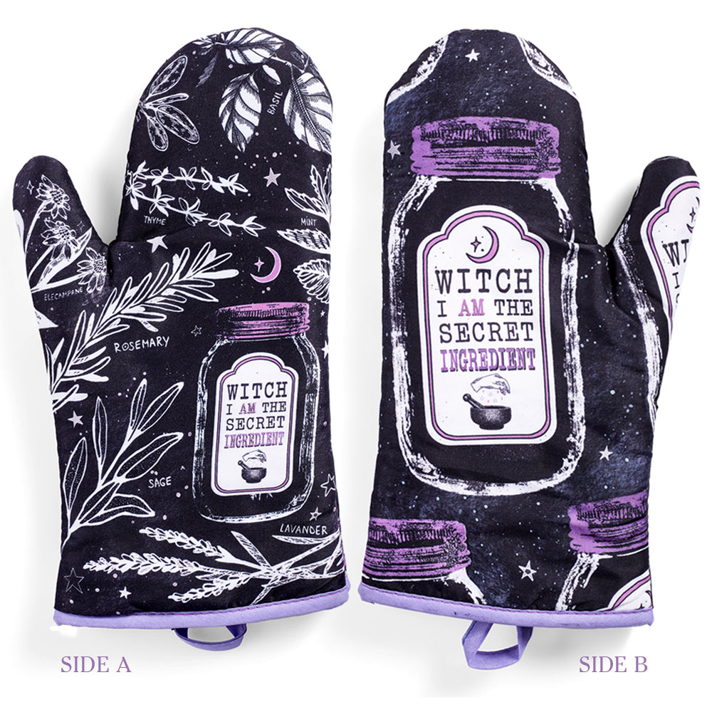Purple and black kitchen oven mitts with witch herbs design from Spirit Nest Kitchen Witch Oven Mitt Set, perfect for baking.