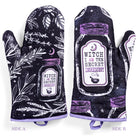 Purple and black kitchen oven mitts with witch herbs design from Spirit Nest Kitchen Witch Oven Mitt Set, perfect for baking.