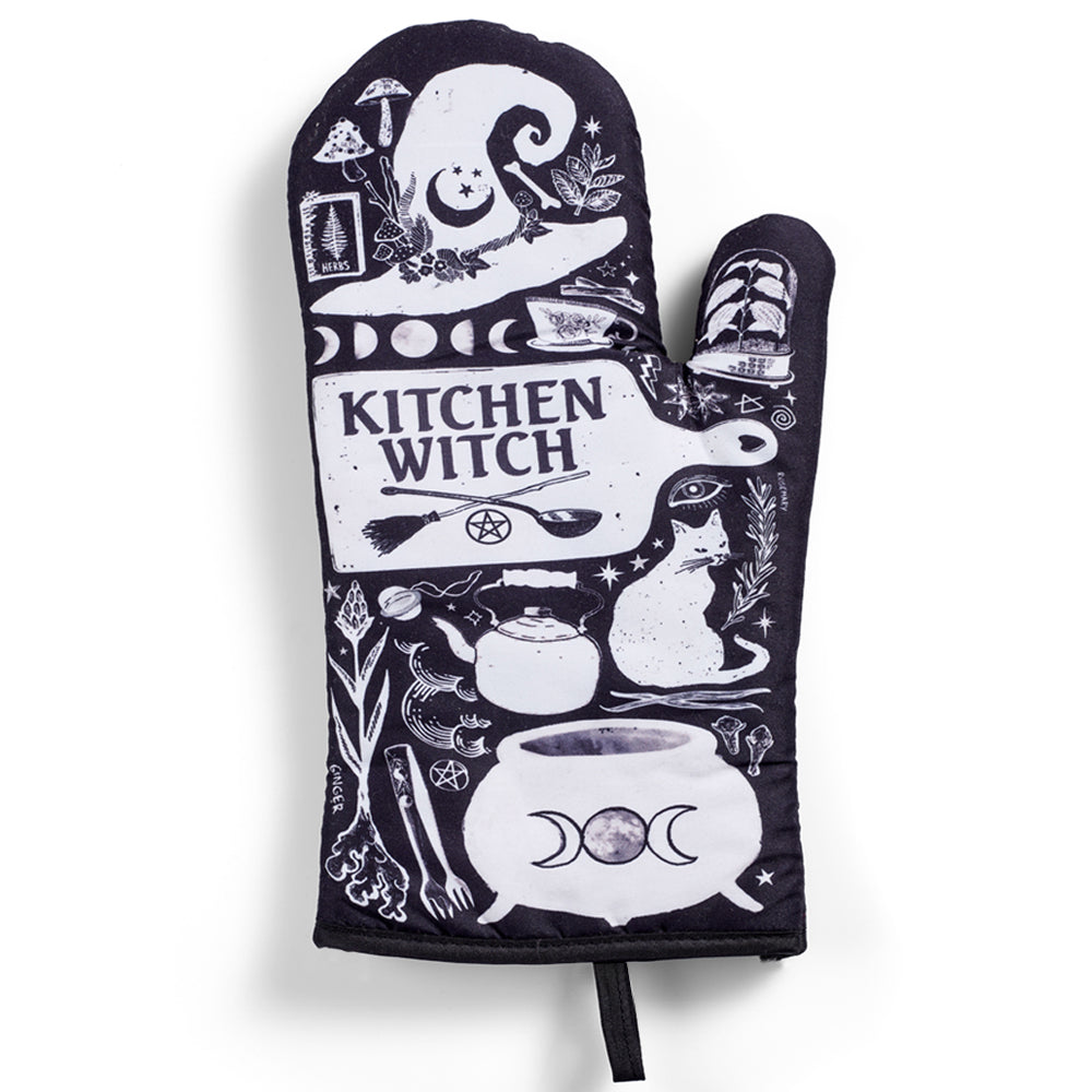 Purple and black kitchen oven mitts with witch herbs pattern from Spirit Nest Kitchen Witch Oven Mitt Set, perfect for baking and cooking.