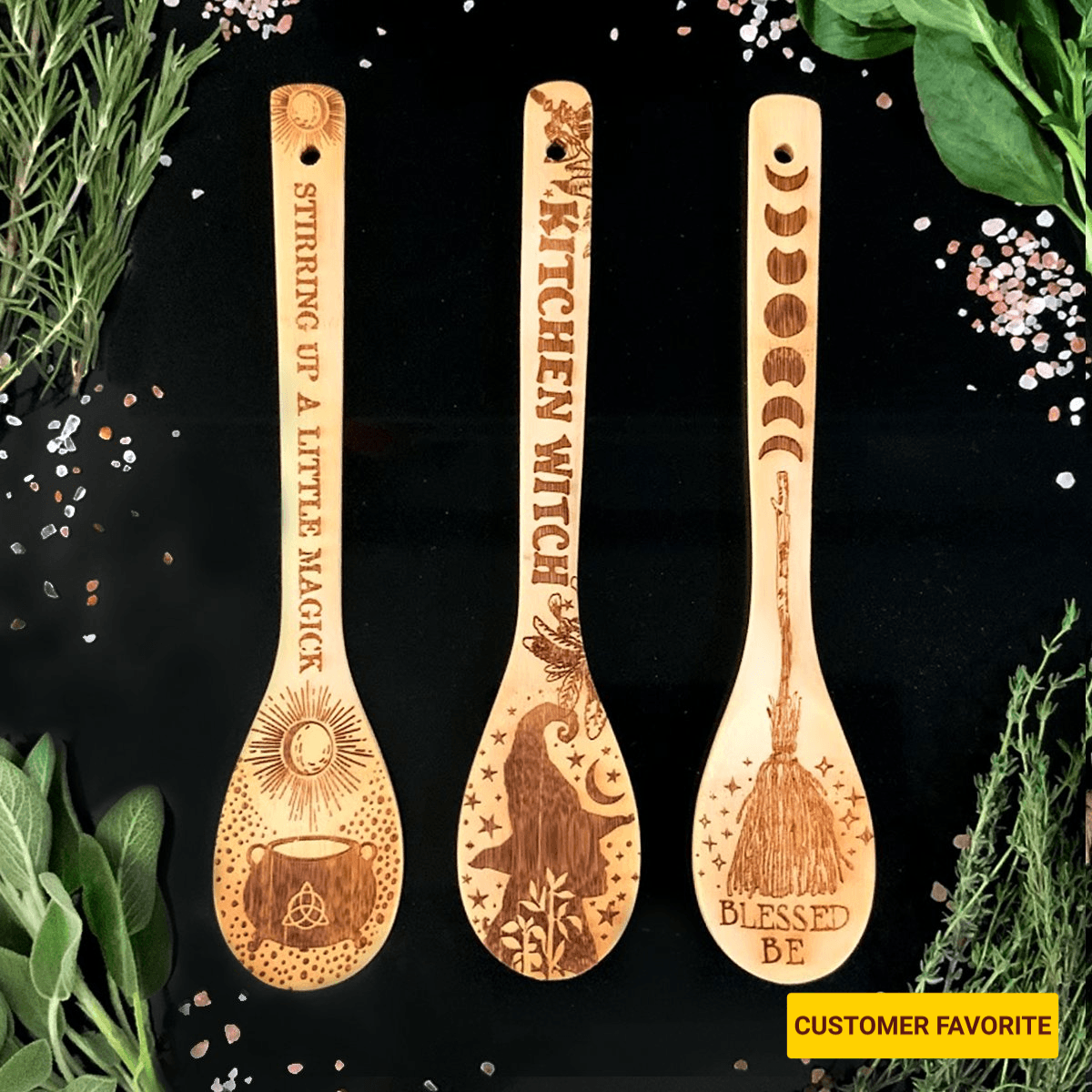 Set of three witchy bamboo wooden spoons for kitchen use, crafted by Spirit Nest with enchanted, natural wood design.