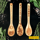Set of three witchy bamboo wooden spoons for kitchen use, crafted by Spirit Nest with enchanted, natural wood design.