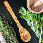 Set of three witchy bamboo wooden spoons for kitchen use, featuring Spirit Nest branding and witch-themed design.