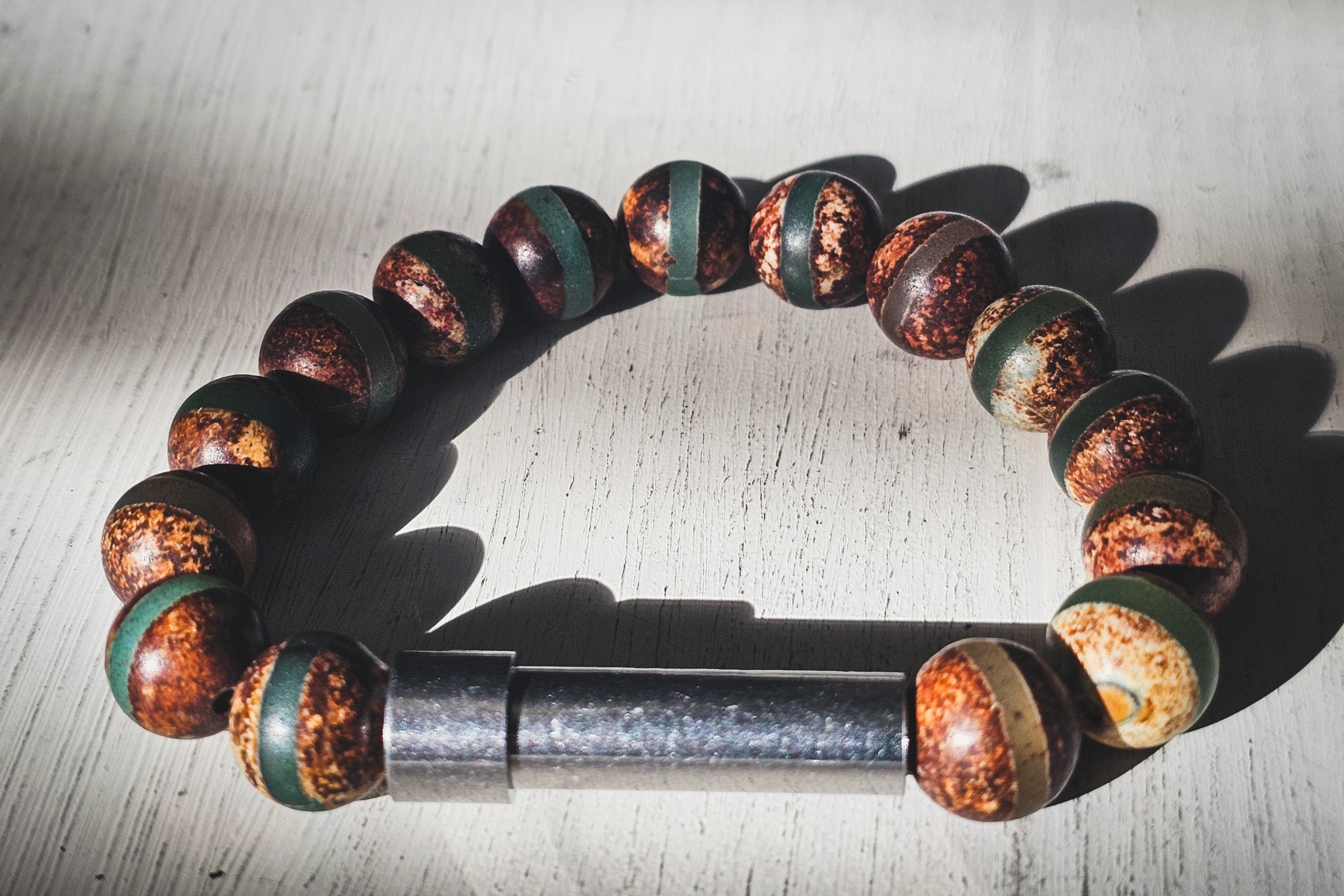 Silver Tibetan Agate Bead Bracelet for hair, fur, or ash, featuring clear stripe design in cremation jewelry style.