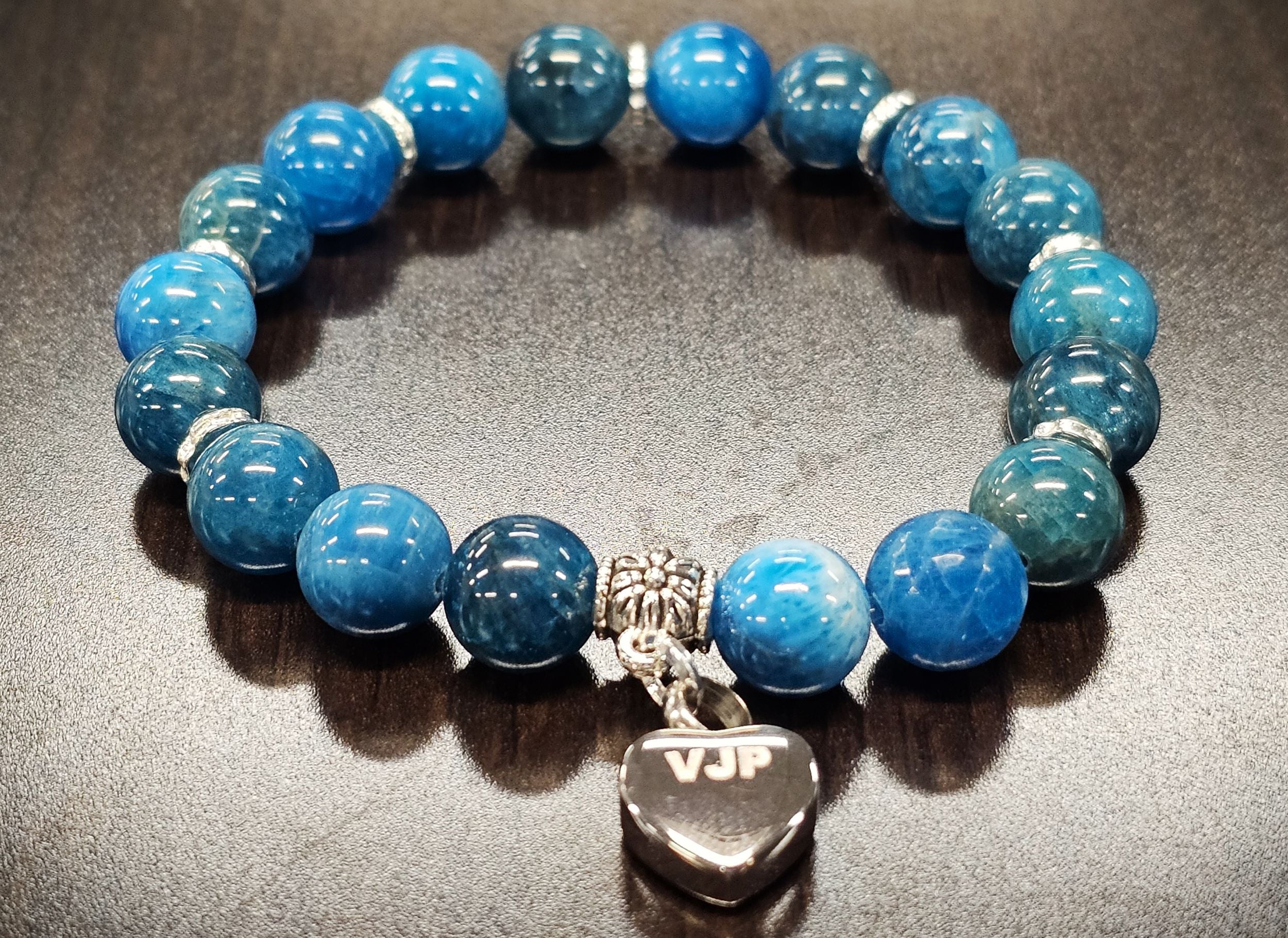 Silver cremation jewelry bracelet with 10mm round apatite keepsake heart charm, Spirit Pieces, fill-at-home cremation urn bracelet.