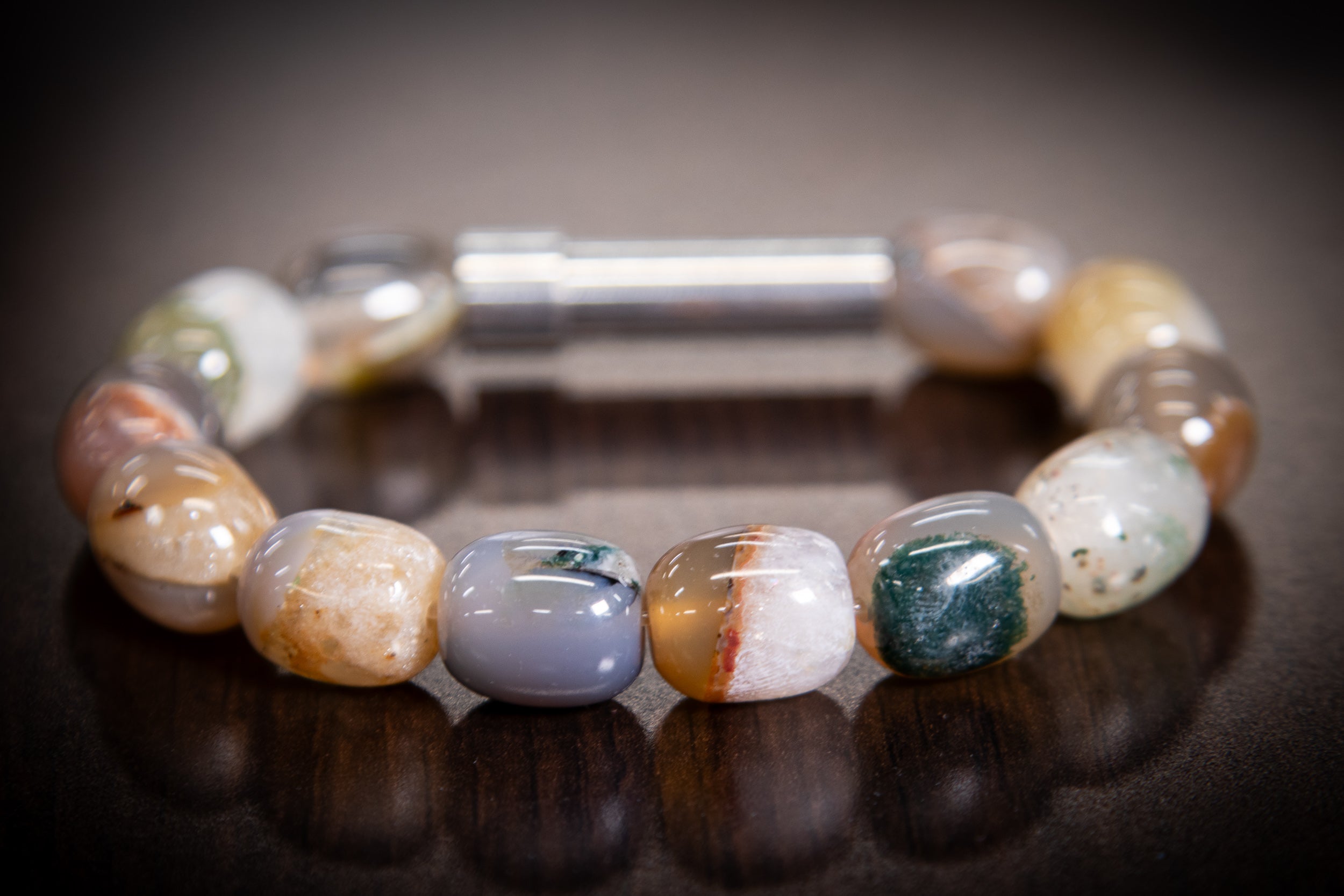 Silver Agate Barrel Healing Bracelet by Spirit Pieces, cremation jewelry for hair, fur, or ashes with a natural gemstone design.