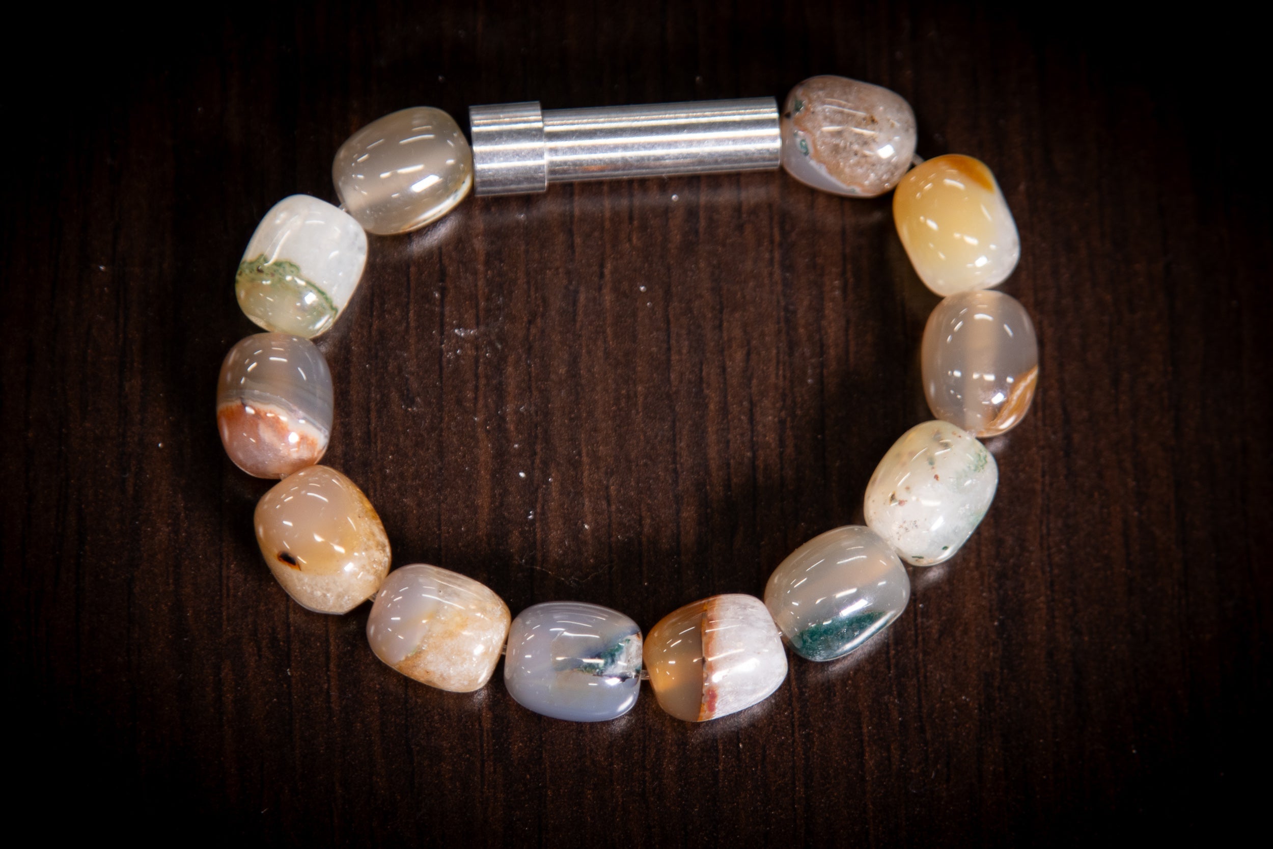 Silver Agate Barrel Healing Bracelet for hair, fur, or ash, designed for cremation jewelry by Spirit Pieces.