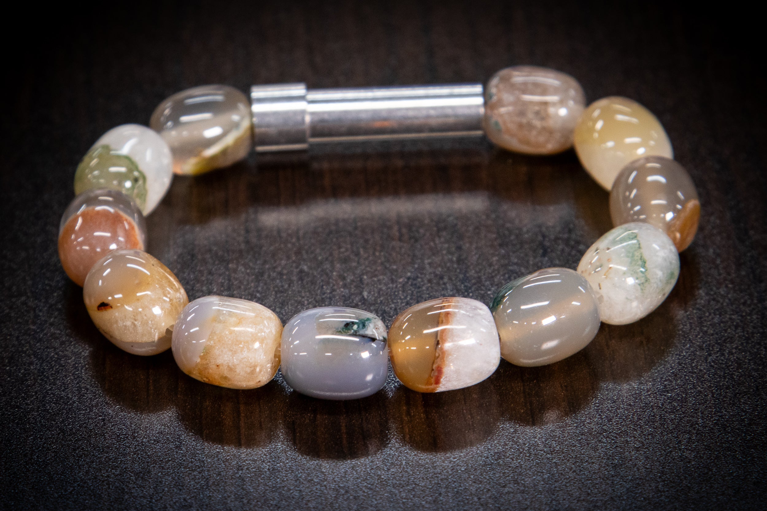 Silver Agate Barrel Healing Bracelet for hair, fur, or ash, featuring a cremation jewelry design by Spirit Pieces.